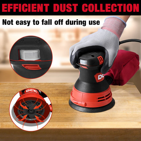 DCK Random Orbital Sander, 3.0 AMP Corded Palm Sander, 6 Speeds Max 12,000 OPM, 5-Inch with 10 pcs Sandpapers, Dust Bag, Low Vibration, Drywall Sander for Woodworking, Decoration Furniture (KSA125) DCK