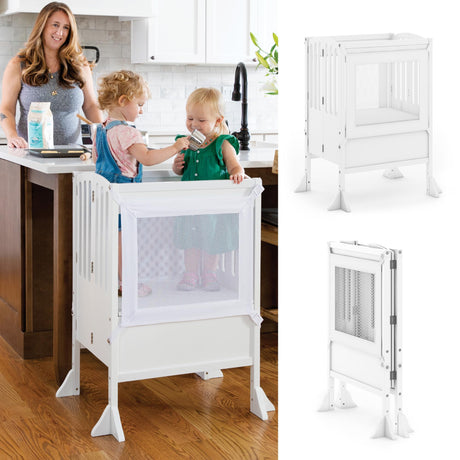 Guidecraft Contemporary Double Kitchen Helper® Stool - White: Extra-Wide Foldable Safety Tower for Two Toddlers; Adjustable Height, Wooden Counter Step Stool | Little Kids Learning Furniture Guidecraft