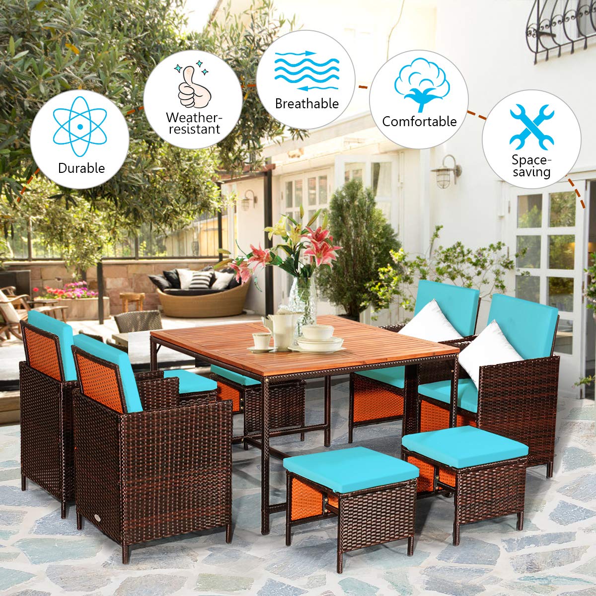 COSTWAY 9PCS Patio Rattan Dining Set Cushioned Chairs Ottoman Wood Table Top Turquoise - WoodArtSupply