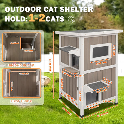 Ketive Outdoor Cat House Weatherproof 2-Story Feral Cat Shelter for Outdoor with Asphalt Roof, Viewing Windows, Escape Doors, and PVC Curtains – Insulated Fir Wood Cat House for Indoor/Outdoor Use