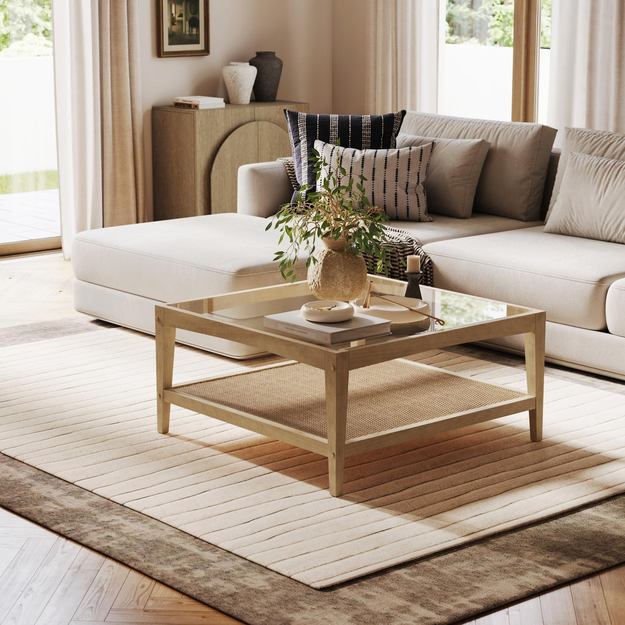 Nathan James Hayes Glass Top Coffee Table, Solid Wood Coffee Table with Glass Top and Rattan Bottom Shelf, Light Brown Nathan James