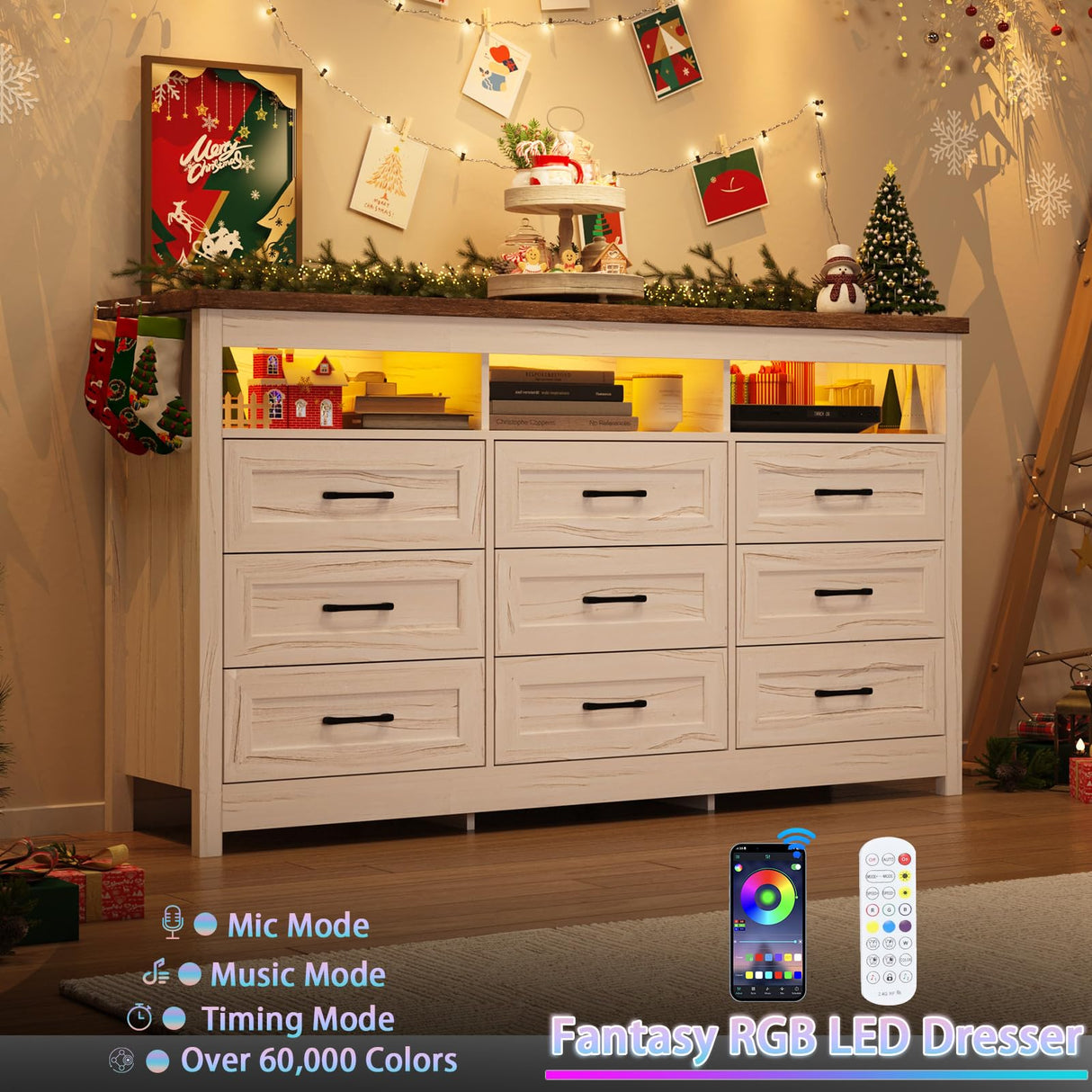Hlivelood Farmhouse 9 Drawer Dresser with LED Lights, 63" Wide Large Chest of Drawers for Bedroom, Modern Wood Dresser Storage Organizer with Charging Station for Living Room, Bedroom, Hallway, Beige Hlivelood