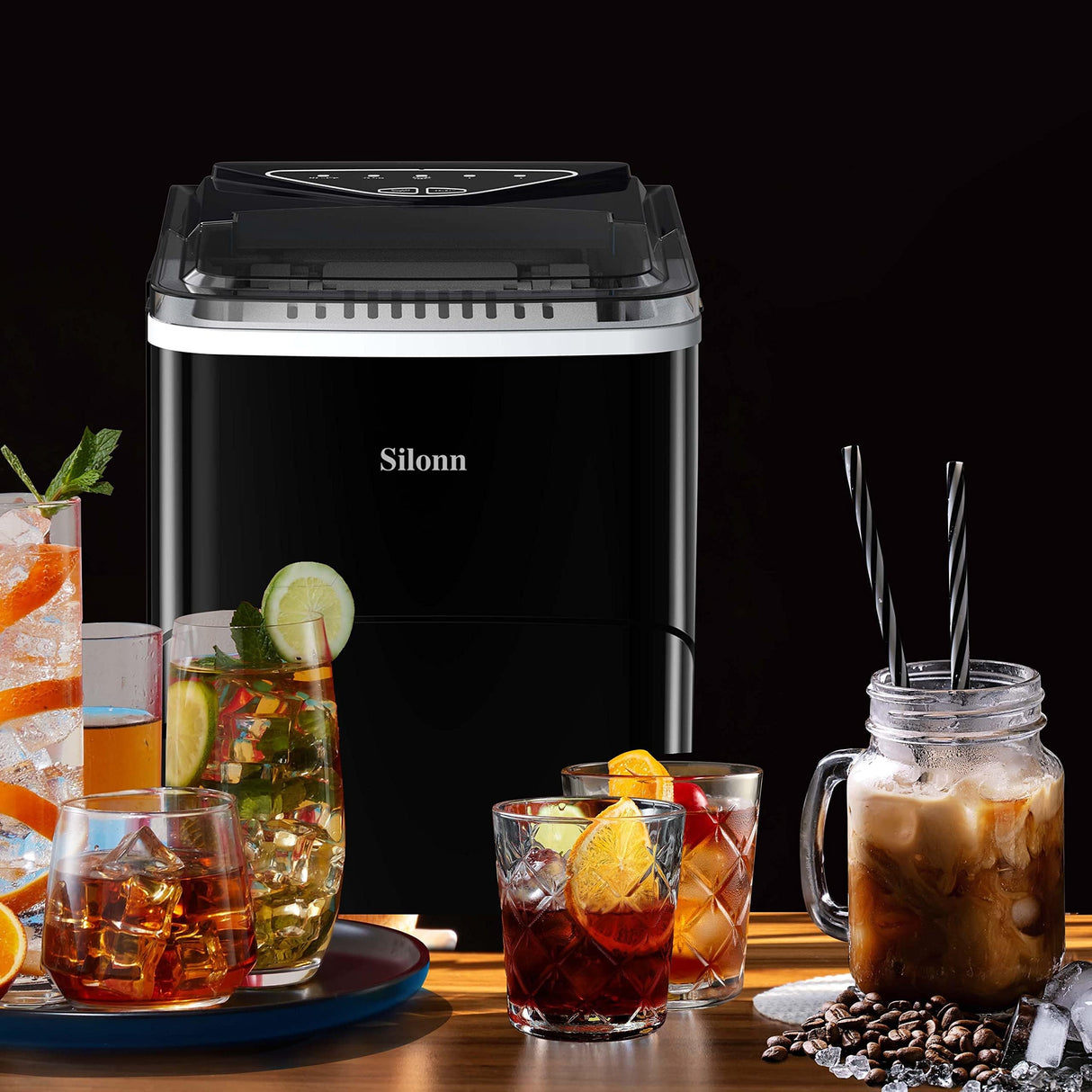 Silonn Countertop Ice Maker Machine - Auto-Cleaning Portable Ice Maker, 26lbs in 24Hrs, 2 Sizes of Bullet Ice for Home Kitchen Office Bar Party, Black Silonn
