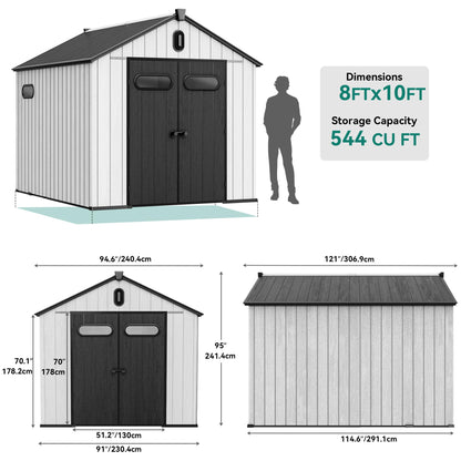 YITAHOME 8x10ft Outdoor Resin Storage Shed with Floor, 544 cuft Waterproof Garden Shed with Lockable Door, Windows & Vents, Plastic Tool Storage for Patio Furniture, Lawnmower, and Bike Stora - WoodArtSupply