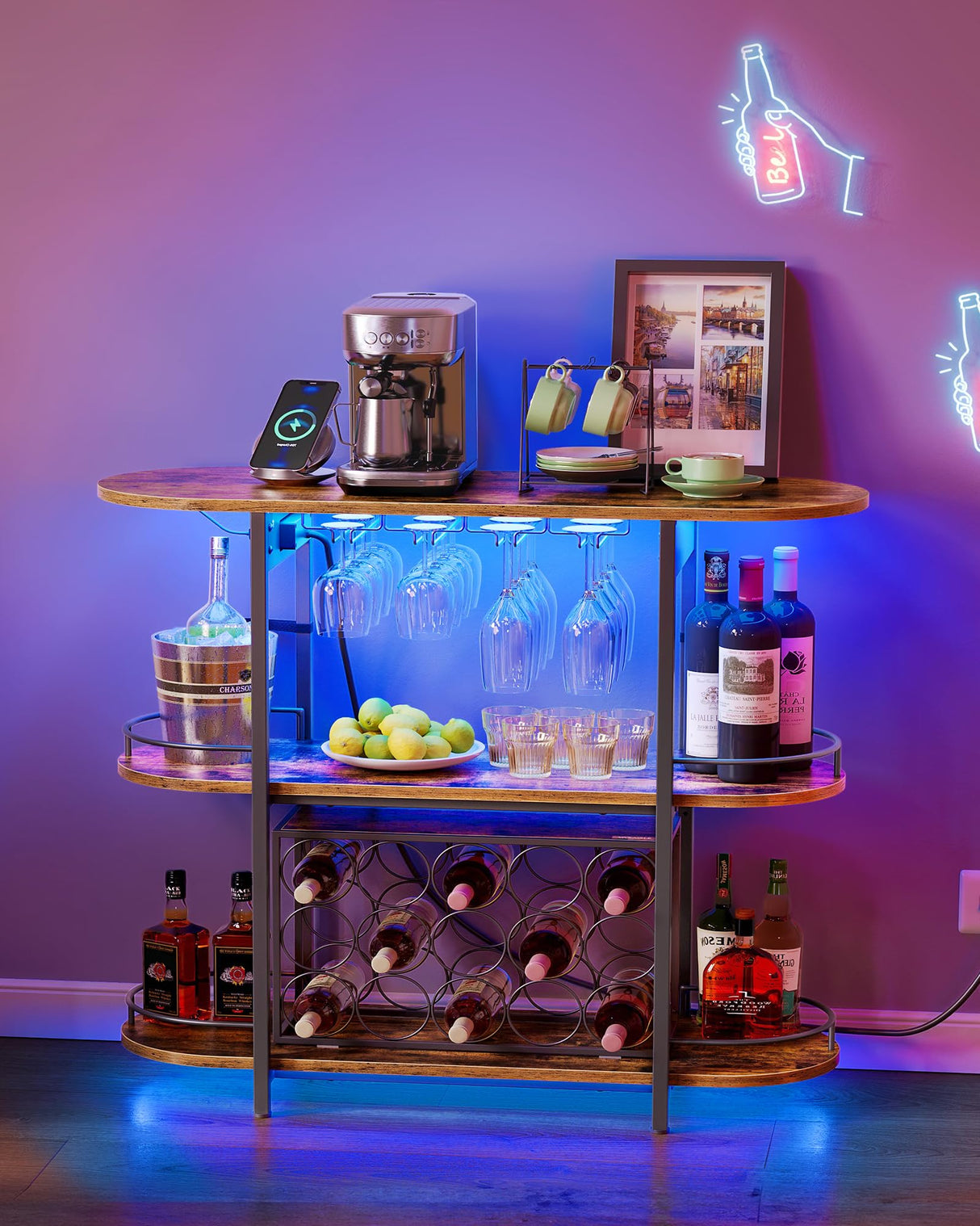 VASAGLE Bar Cabinets for Home, LED Coffee Bar with Power Outlets, Home Mini Bar for Liquor, Freestanding Wine Rack with Glass Holder, Kitchen, Dining Room, Rustic Brown ULWR007K01 VASAGLE