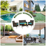 PayLessHere Outdoor Furniture Set 4 Pcs Modular Patio Furniture Set Water Resistant Conversation Set with 3 Rattan Chairs 1 Tempered Glass Topped Table for Patio Poolside, Brown Wicker/Blue Cushions PayLessHere
