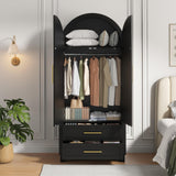Maupvit Wardrobe Closet, Modern Armoire Wardrobe Closet with 2 Drawers and Arched Doors, 73" Tall Wooden Bedroom Armoires with Shelves and Hanging Rod, Black Maupvit