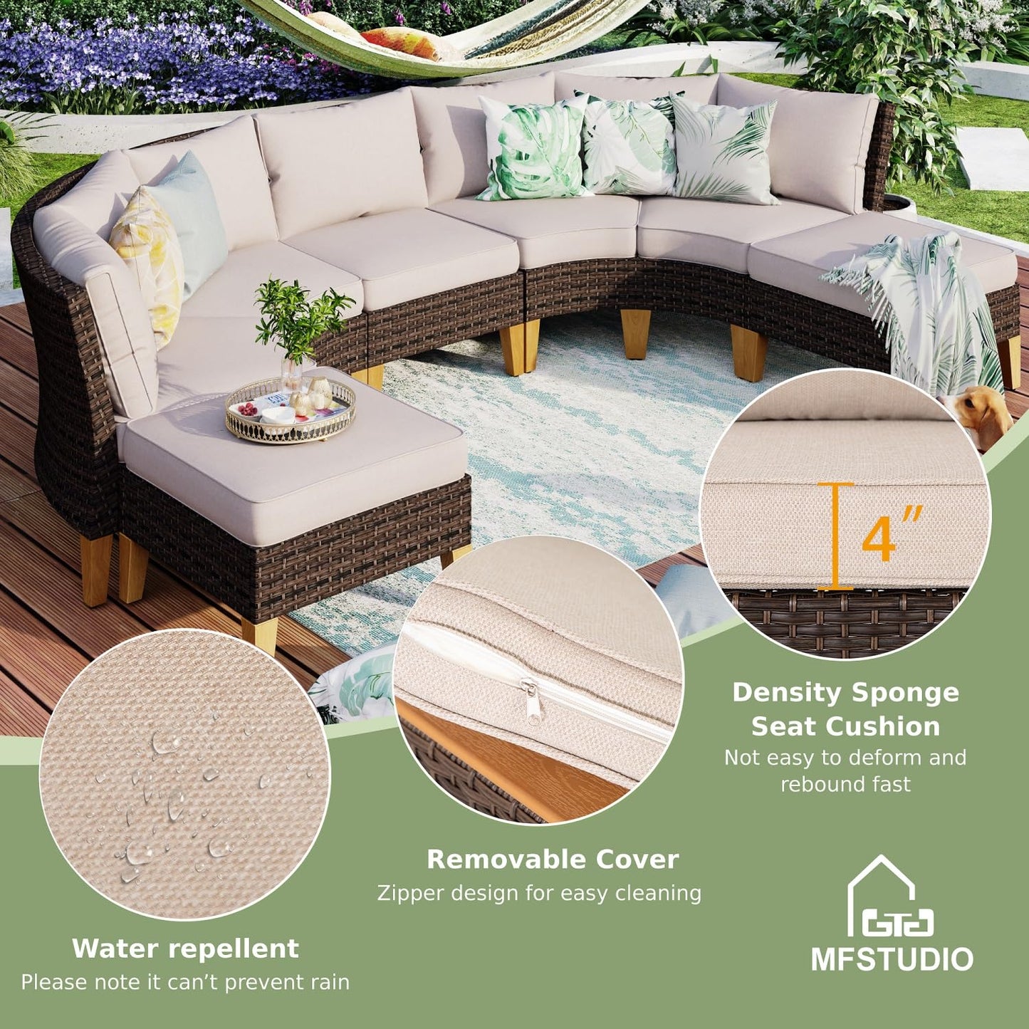 MFSTUDIO 11 Pieces Wicker Patio Furniture Set with 56" Fire Pit Table, All-Weather Rattan Outdoor Half-Moon Patio Sectional Sofa Set, 4 x Curved Sofa, 2 x Armless Sofa, 2 x Ottoman(Beige Cush - WoodArtSupply