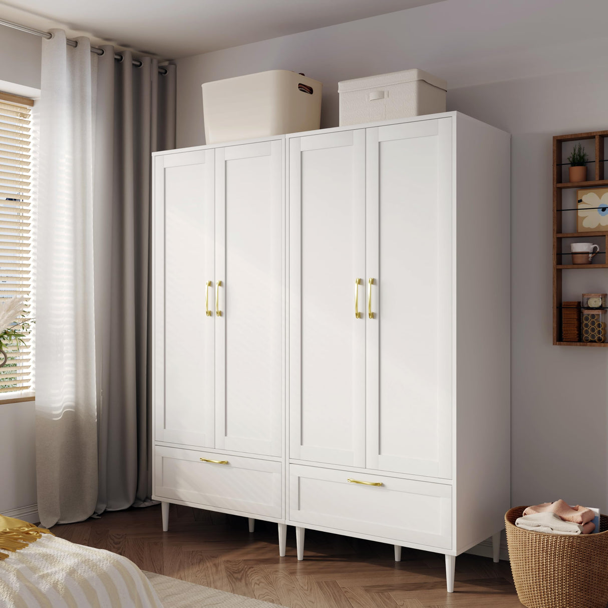 Gyger Wardrobe Closet with Drawer, Armoires and Wardrobes with Shelves and Hanging Rail,Freestanding Wooden Wardrobe Cabinet for Bedroom,White Gyger