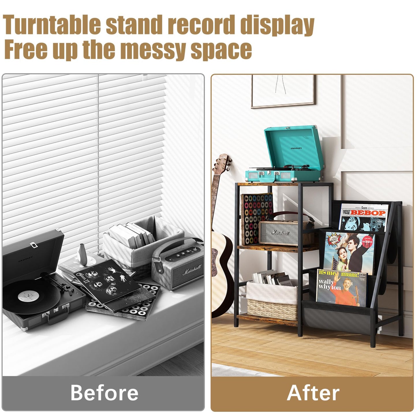 Arbuxzuy Modern 3 Tier Record Player Stand with Vinyl Storage & Display Shelf in Brown - WoodArtSupply