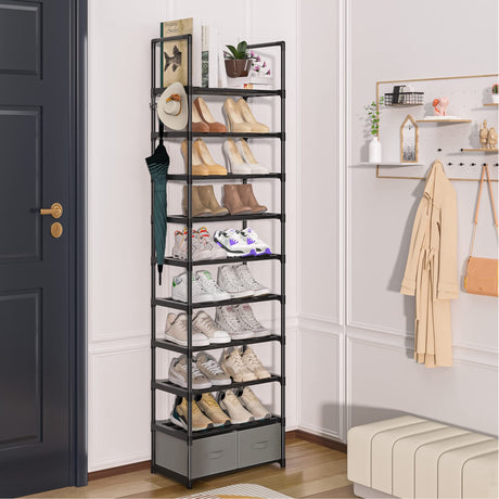 OYREL Tall Shoe Rack Narrow 10 Tier Shoes Rack 20 25 Pairs, Shoe Storage Organizer for Closet, Sturdy Metal Shoe Shelf Shoe Stand with 2 Boxes 1 Hook OYREL