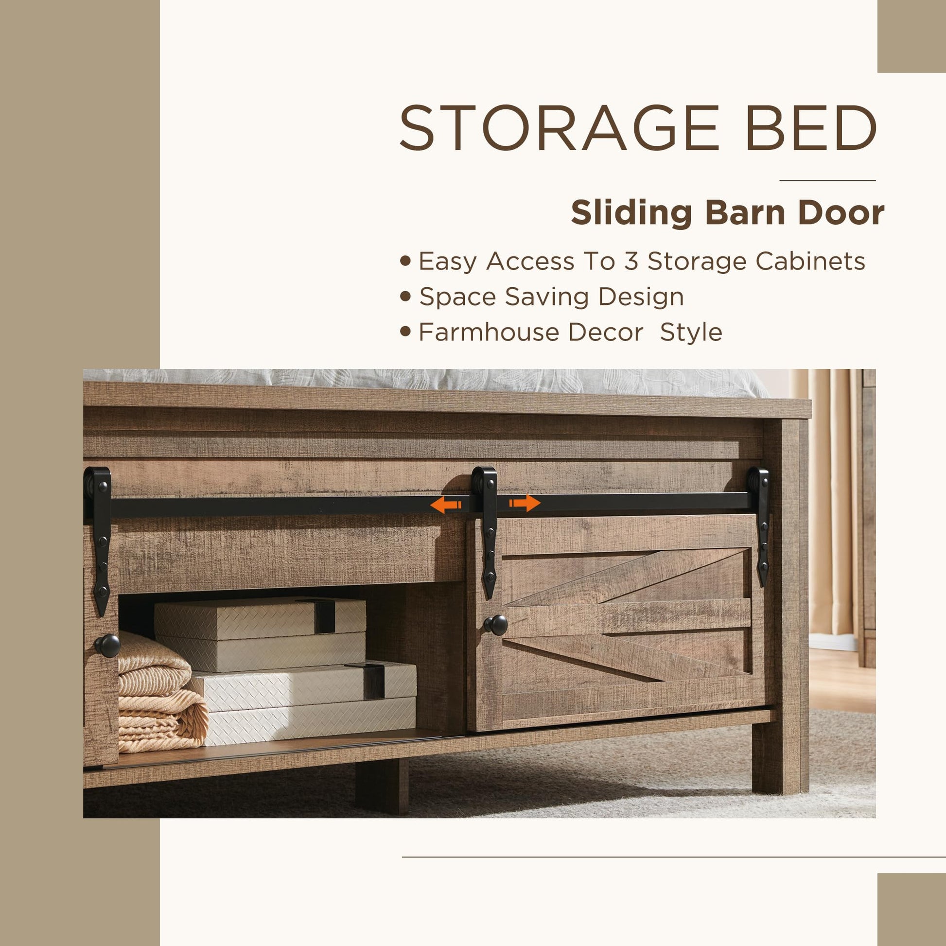 King Farmhouse Wood Bed Frame with Sliding Barn Door Storage - JXQTLINGMU - WoodArtSupply