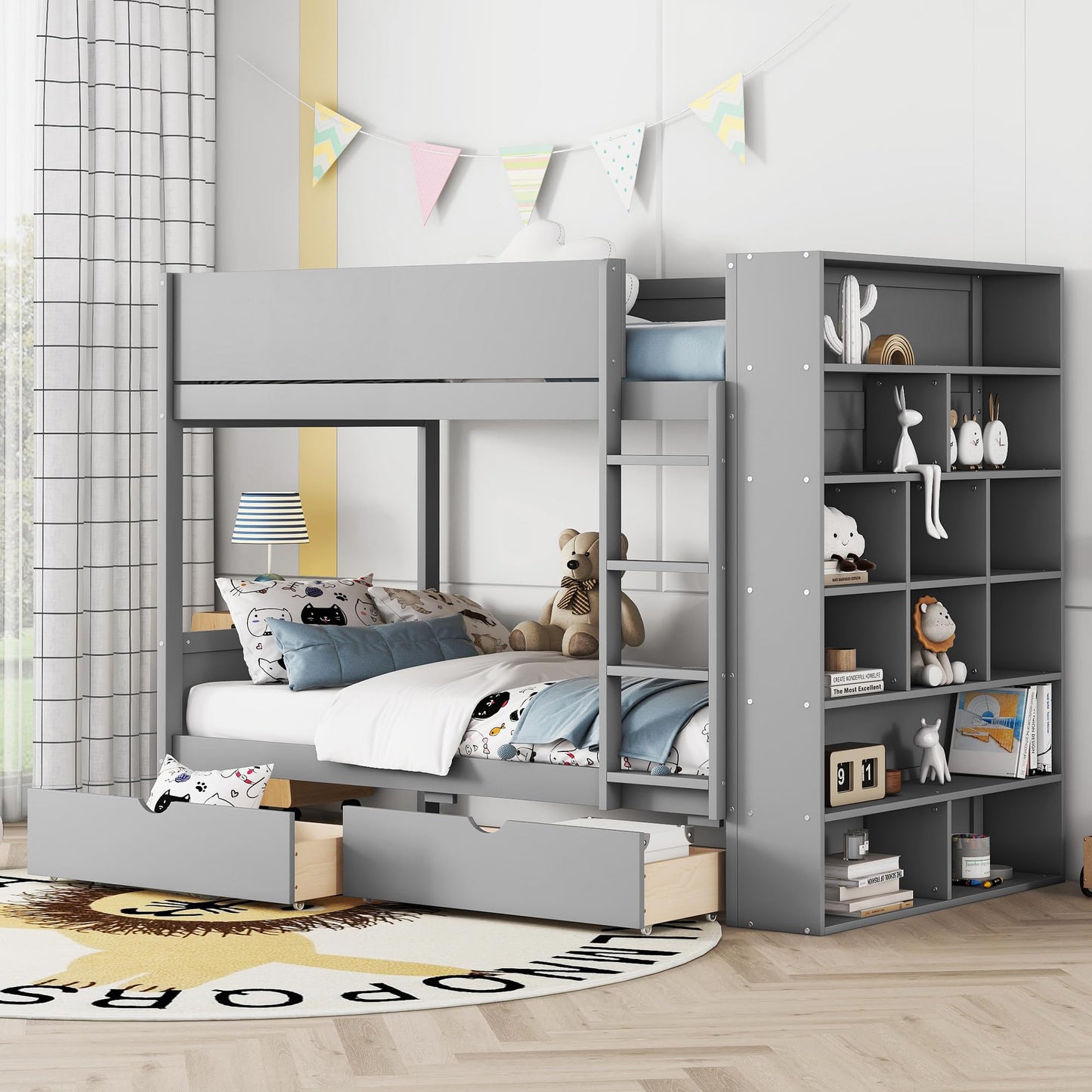 Harper & Bright Designs Twin Over Twin Bunk Bed with Storage, Wood Bunk Bed Frame with 2 Drawers and Multi-Layer Cabinet, Gray