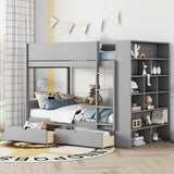 Merax Bunk Bed Twin Over Twin, Bunk Bed with Storage Bookcase, Wood Bunk Bed Frame with 2 Drawers and Multi-Layer Cabinet, Gray Merax