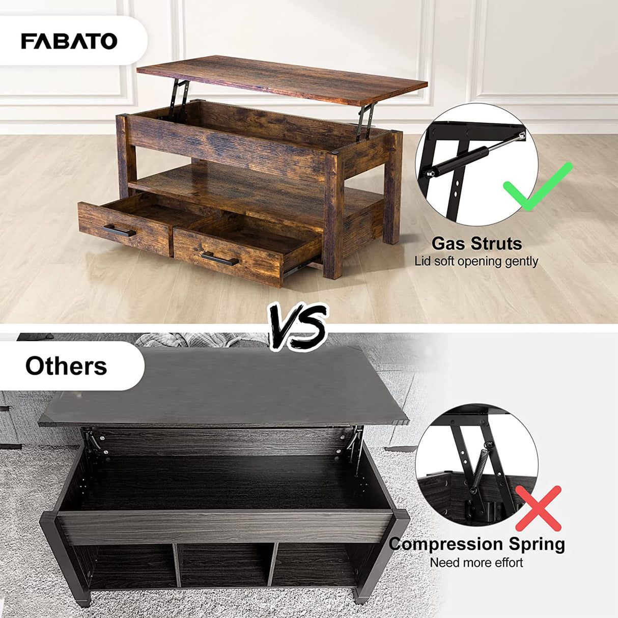 FABATO 41.7'' Lift Top Coffee Table with 2 Storage Drawer Hidden Compartment Open Storage Shelf for Living Room Dining Table Reception Room Rustic Brown FABATO