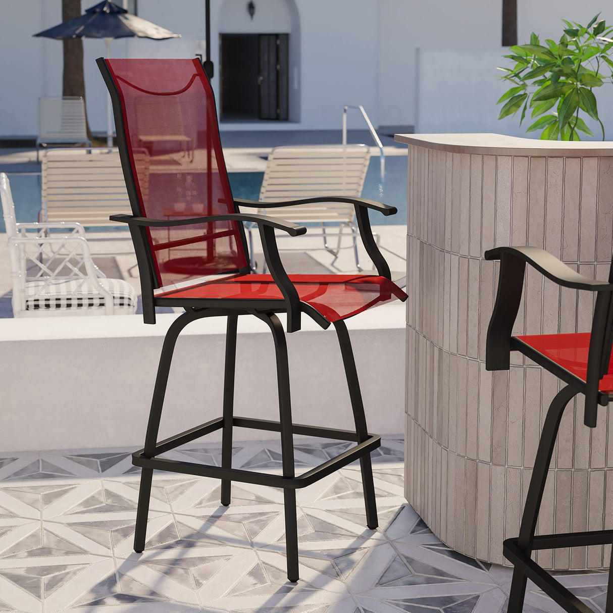 Flash Furniture Valerie Patio Bar Height Stools Set of 2, All-Weather Textilene Swivel Patio Stools with High Back & Armrests in Red Flash Furniture