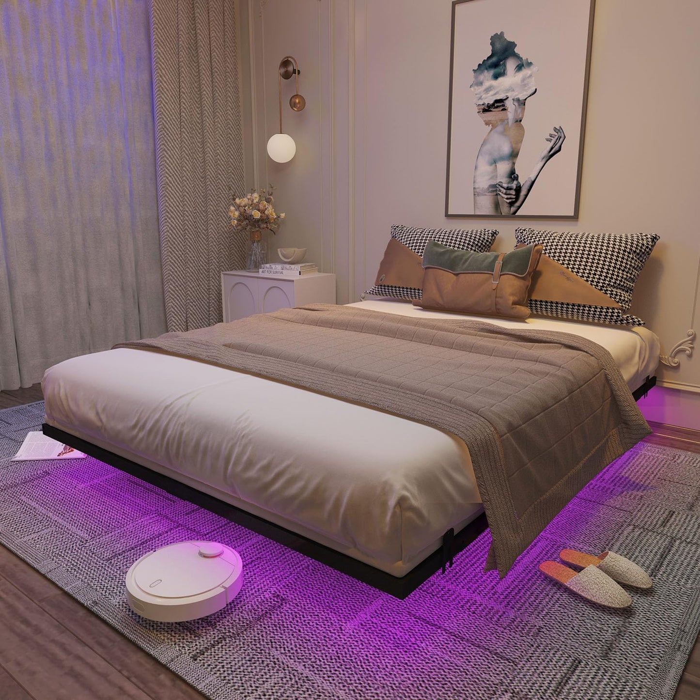 Muluflower King Size Floating Bed Frame with LED Lights and Convenient Charging Station - WoodArtSupply