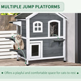PawHut 2-Story Cat House Outdoor, Weatherproof Wooden Cat Enclosure for Feral Cats with Escape Door, Openable Roof, Jumping Platforms, Gray PawHut