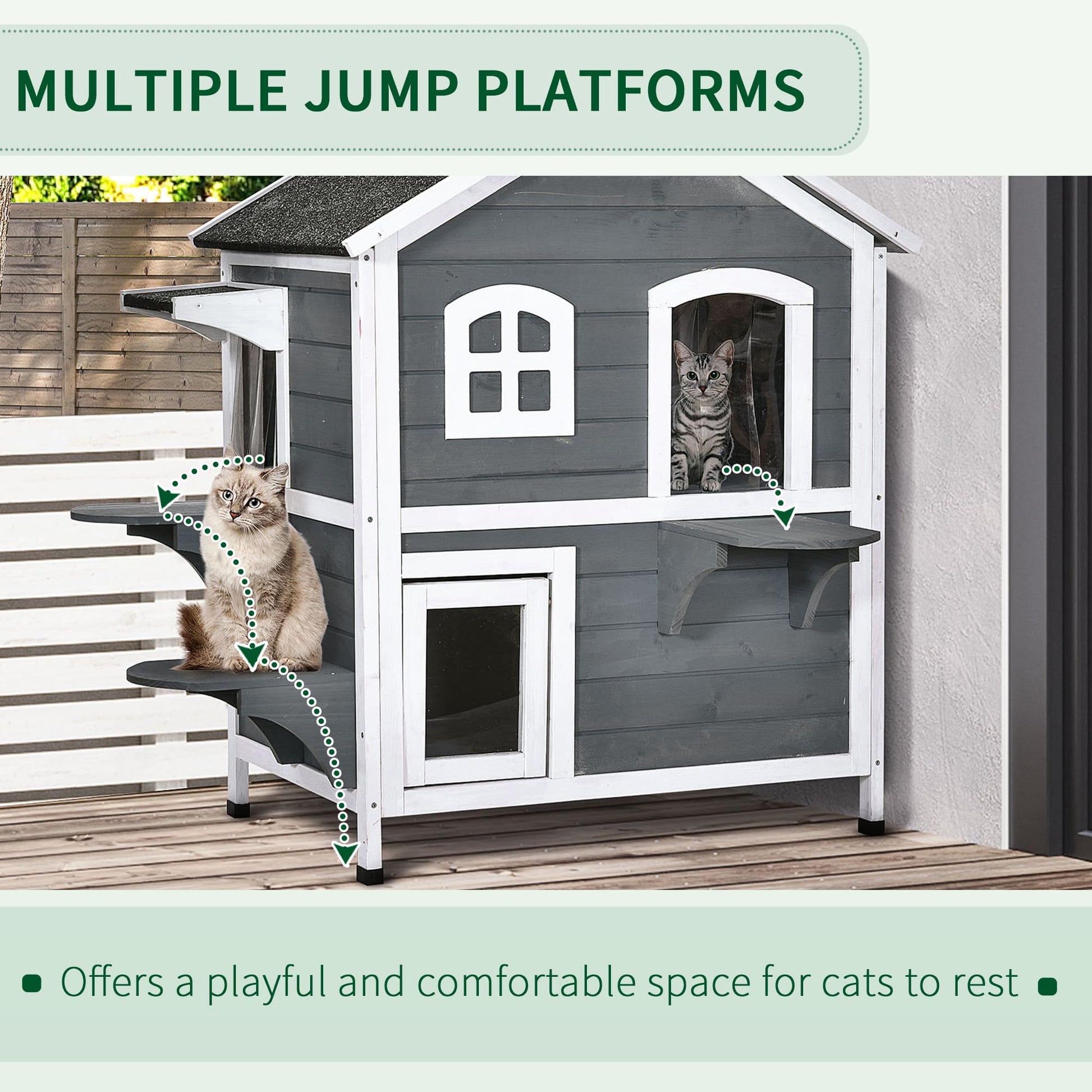 PawHut 2-Story Cat House Outdoor, Weatherproof Wooden Cat Enclosure for Feral Cats with Escape Door, Openable Roof, Jumping Platforms, Gray - WoodArtSupply