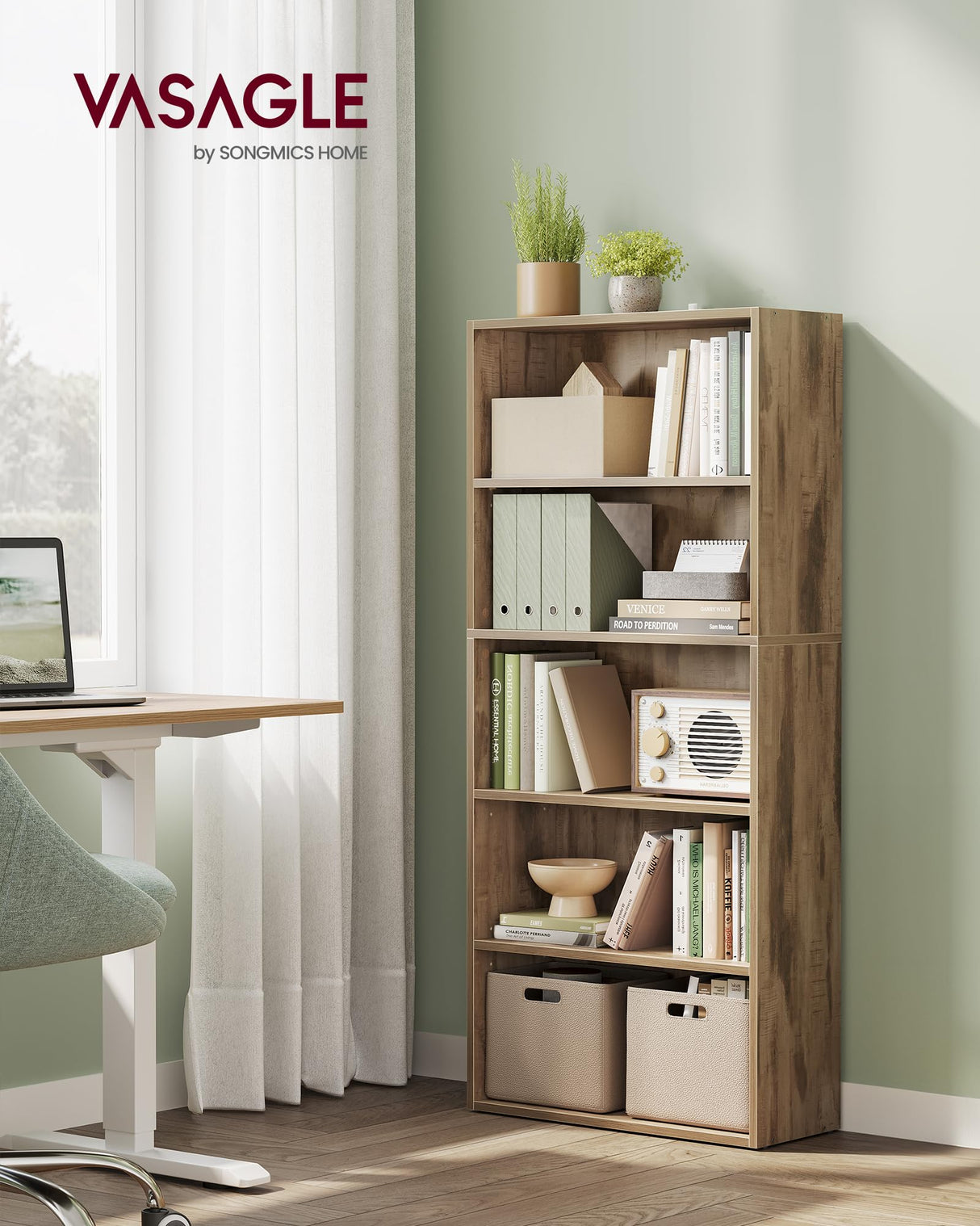 VASAGLE 5-Tier Adjustable Bookshelf in Camel Brown - 23.6 Inches Wide Floor Standing Unit VASAGLE