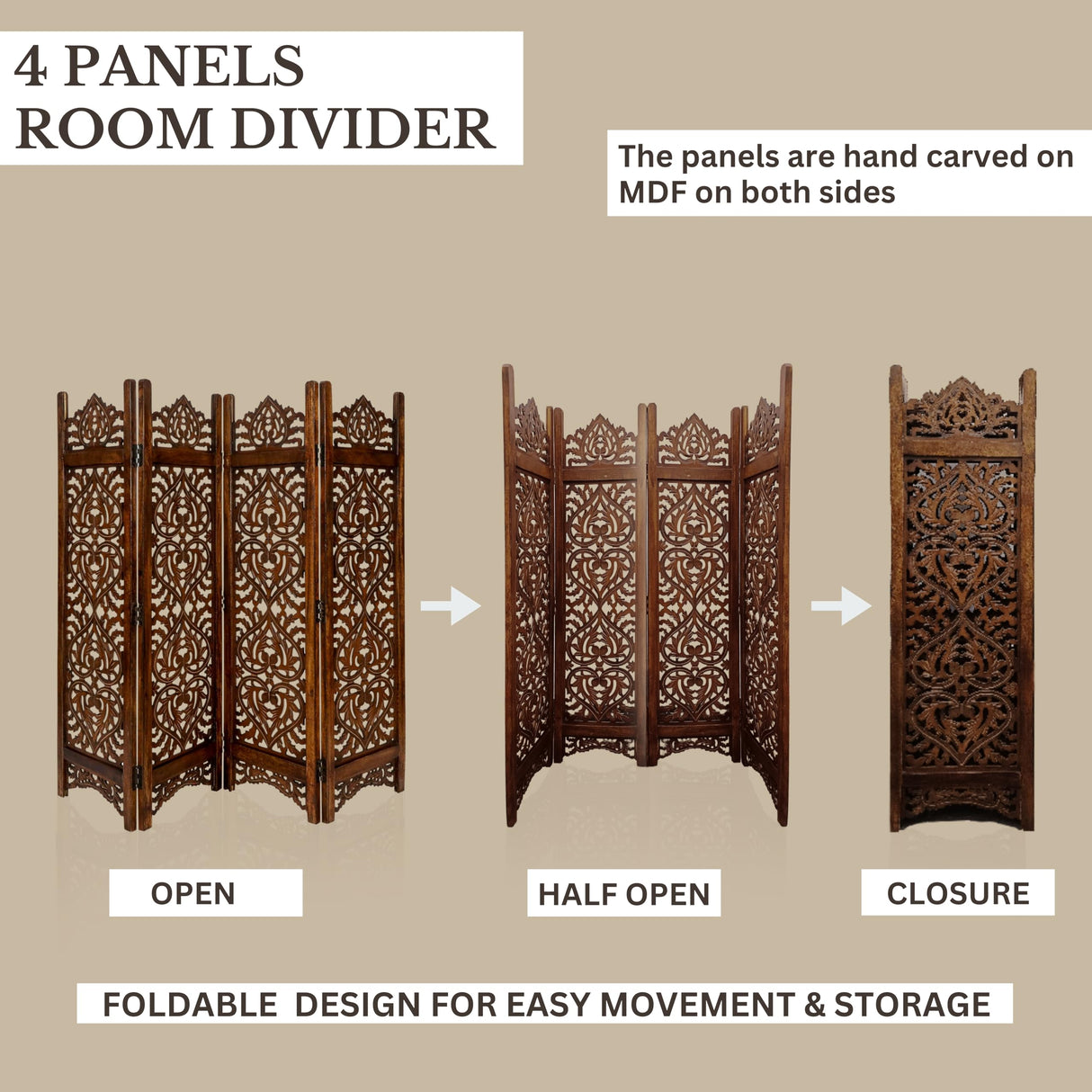 Light & Pro Wood Heart Design Handmade Hinged Foldable Partition 4 Panel Room Divider Screen with Intricately Carved Designs, Pre Assembled - Ready to Use - 48" x 1" x 64", Burnt Light & Pro