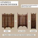 Light & Pro Wood Heart Design Handmade Hinged Foldable Partition 4 Panel Room Divider Screen with Intricately Carved Designs, Pre Assembled - Ready to Use - 48" x 1" x 64", Burnt Light & Pro