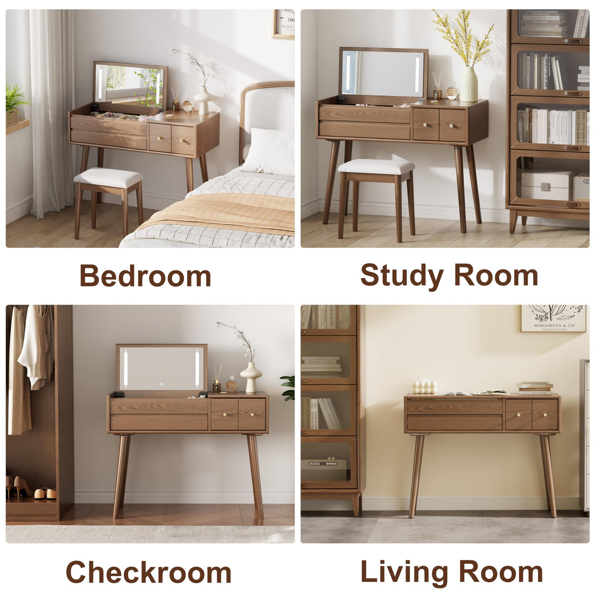 AQIMUELE Wood Vanity Desk with Mirror and Lights, Dressing Vanity Table Vanity Set 4 Drawers, 40 Inch Large Make Up Vanity Table Wooden with 3 Lighting Modes for Bedroom Walnut(with Adapter) AQIMUELE