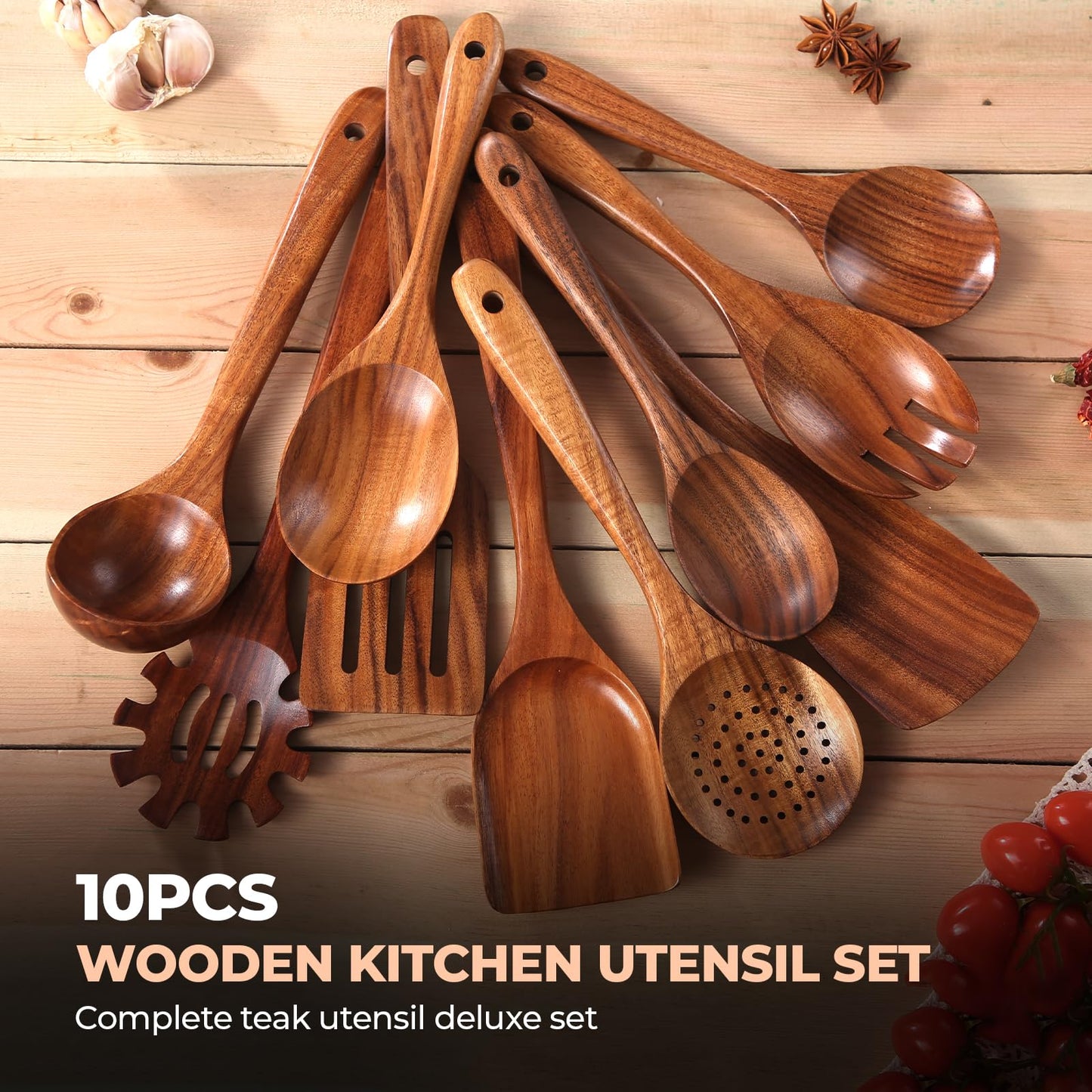 Wooden Cooking Utensils Set, Comfortable Grip Teak Wood Cooking Spoon Set, Nonstick No Scratch Wooden Spoons for Cooking (10Pcs）