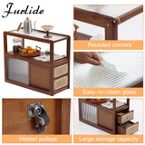 Furlide Rattan Side Table with Storage, Bamboo Nightstand Bedside Table, Glass Mid Century Modern End Tables for Small Spaces, Living Room, Bedroom，Walnut Furlide