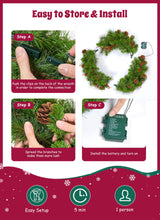 Brightown 24 Inch Pre-Lit Christmas Wreaths for Front Door, IP44 Battery Operated 50 LED Christmas Wreath, Decor with Pinecones Pine Needles Branches Red Berry Mini Bow for Front Door Wall Window Brightown