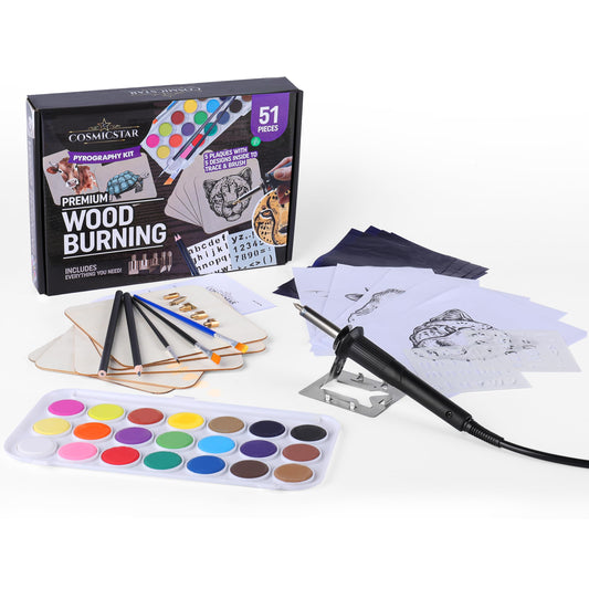 Pyrography Wood Burning Kit - 51-Piece Arts & Crafts Set with Branding Pen, Watercolors, Brushes, Stencils, Realistic Animal Designs, 5 Plaques, 5 Engraving Tips - Cool Gifts for Teens, Kids, - WoodArtSupply