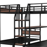 KALALLA Queen Over Twin Over Twin Metal BunkBed with Storage Stairs and Shelves, 3-in-1 Triple Bunk Bed with Headboard, Space Saving, for Kids Boys Girls Adults, Black KALALLA