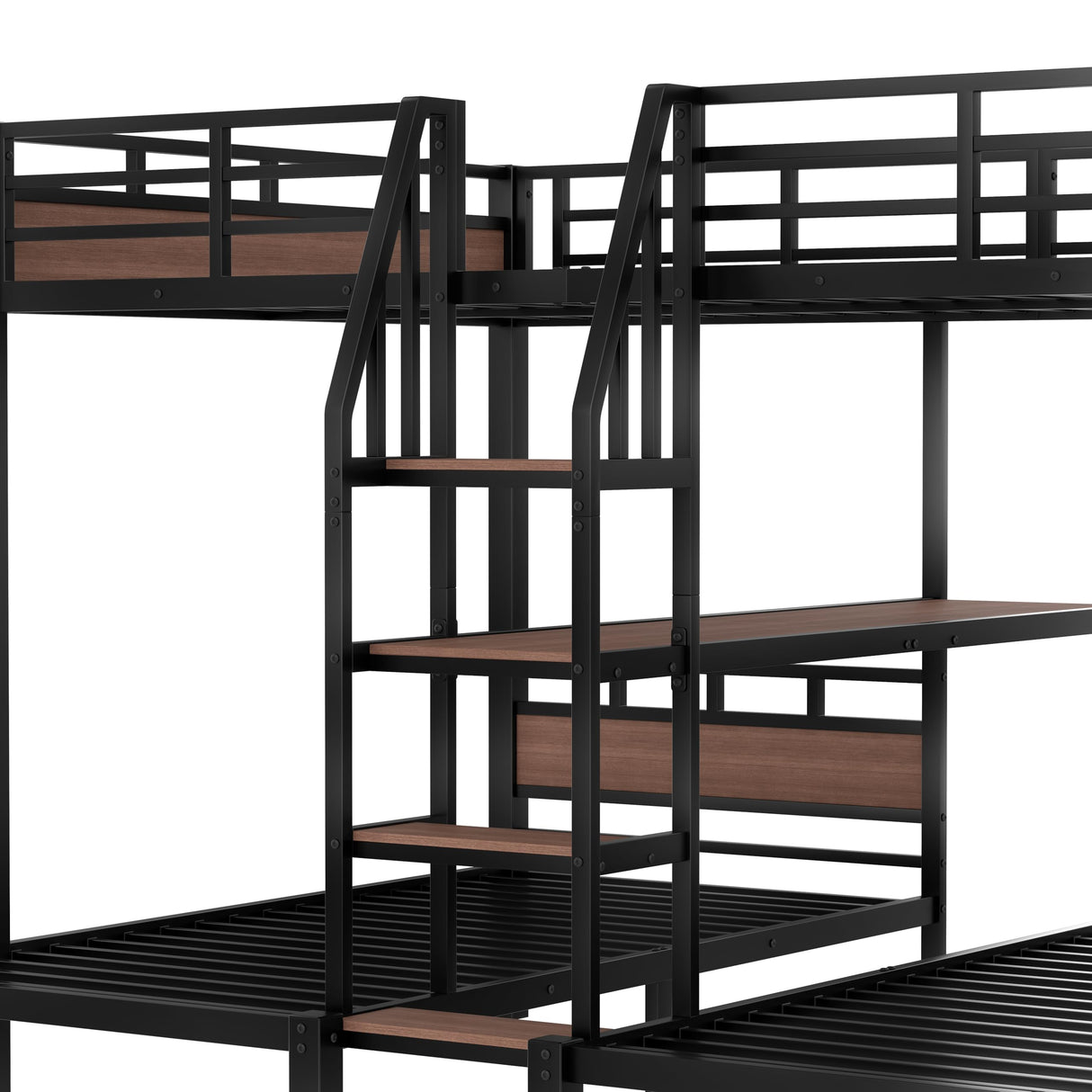 KEIKI Queen Over Twin Over Twin Metal Bunk Bed with Storage Shelves and Stairs, Triple Decker Bunk Bed Frame, Space Saving Heavy Duty Bed with Desk Shelf for Kids Teens Adults, Black KEIKI
