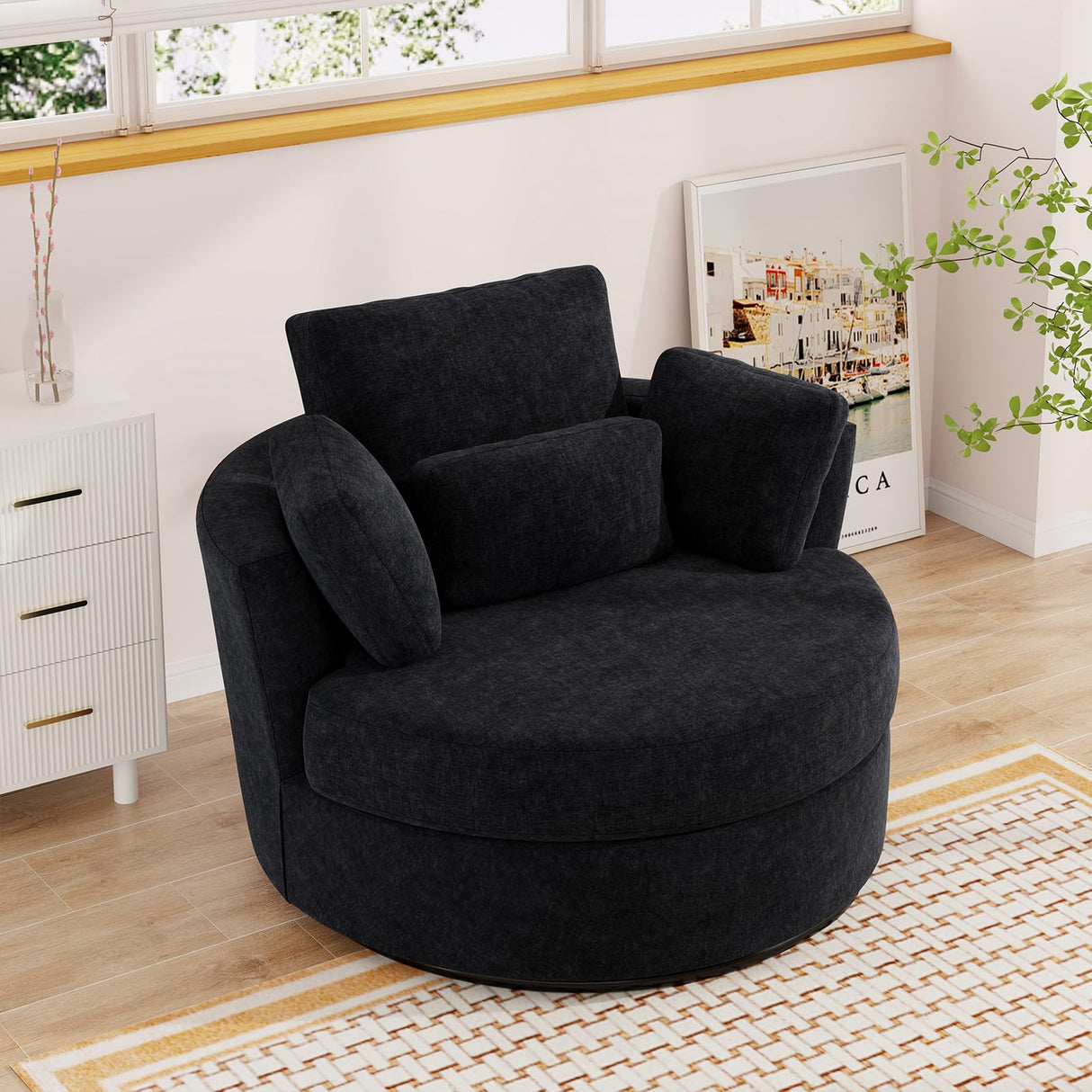 JEEOHEY Swivel Accent Barrel Chair, 42'' W Chenille Upholstered Round Swivel Chair, 360 Degree Modern Oversized Round Armchair, Comfy Single Sofa Chair for Nursery, Living Room, Bedroom(Black) JEEOHEY