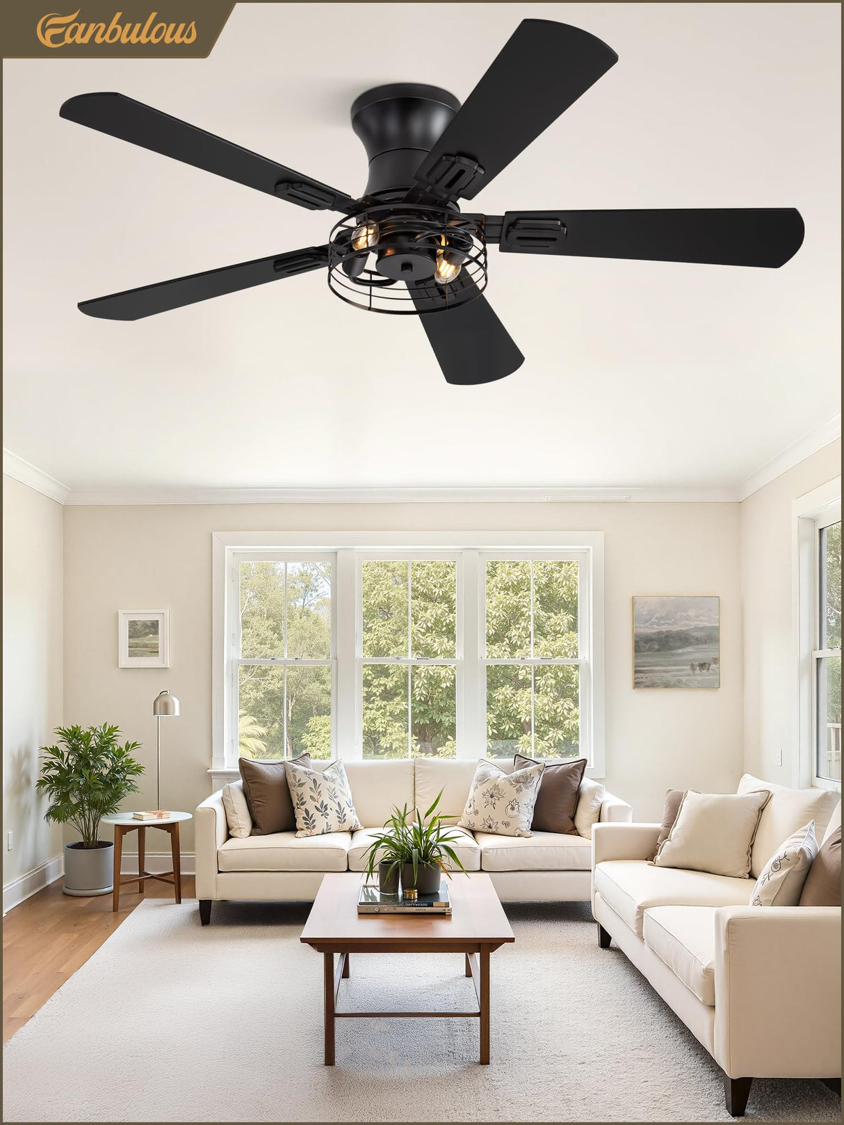 2 Pack Flush Mount 42 Inch Farmhouse Ceiling Fan with Light, Caged Ceiling Fans for Bedroom Living Room, Double-Sided 5 Blades Rustic Ceiling Fan-Black Fanbulous