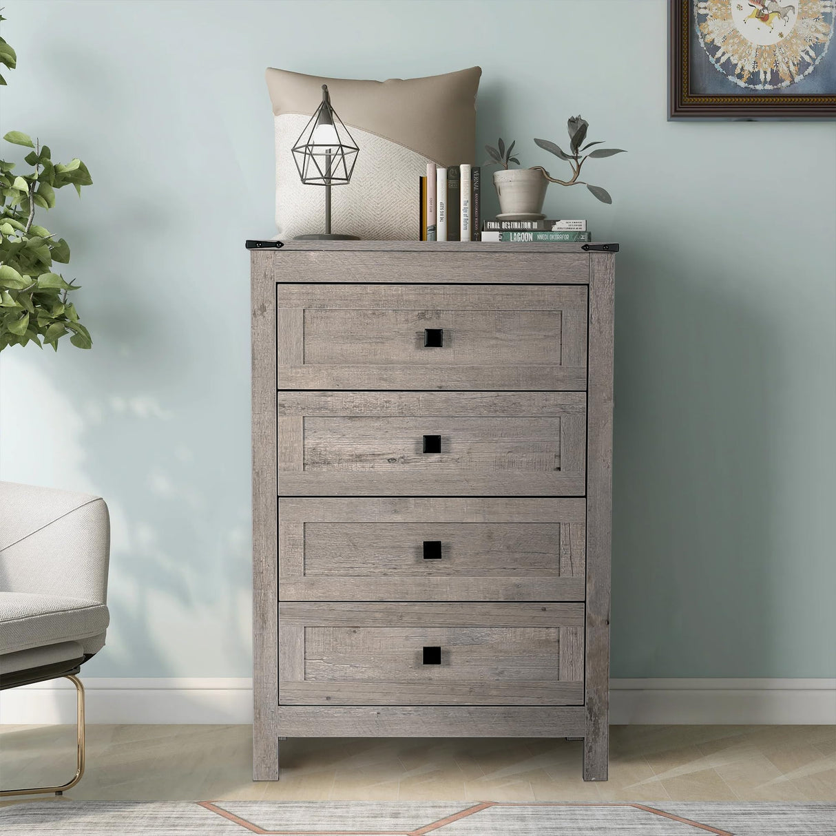 BTDWI Farmhouse 4 Drawer Dresser for Bedroom, 24" Wide Wood Dresser with Metal Handle for Bed Room, Hallway, Light Grey Rustic Oak BTDWI