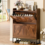 infurnic Shoe Storage Cabinet with 2 Flip Drawers, Narrow Shoe Cabinet for Entryway, Freestanding Organizer Shoe Rack Cabinet for Front Door Entrance Hallway Foyer, Walnut infurnic