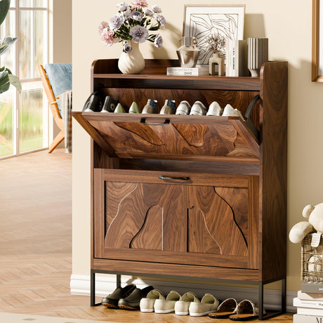 infurnic Shoe Storage Cabinet with 2 Flip Drawers, Narrow Shoe Cabinet for Entryway, Freestanding Organizer Shoe Rack Cabinet for Front Door Entrance Hallway Foyer, Walnut infurnic