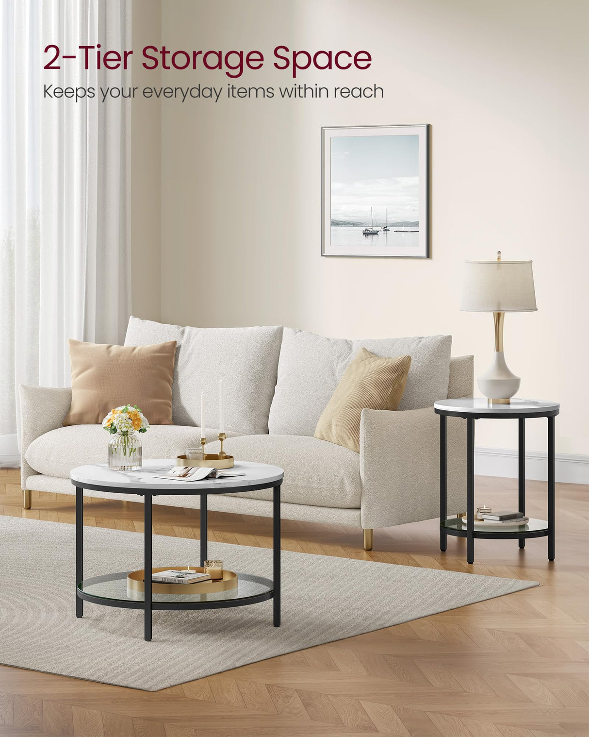 VASAGLE Round Coffee Table, Small Coffee Table with Faux Marble Top and Glass Storage Shelf, 2-Tier Circle Coffee Table, Modern Center Table for Living Room, Marble White and Ink Black ULCT072W13 VASAGLE