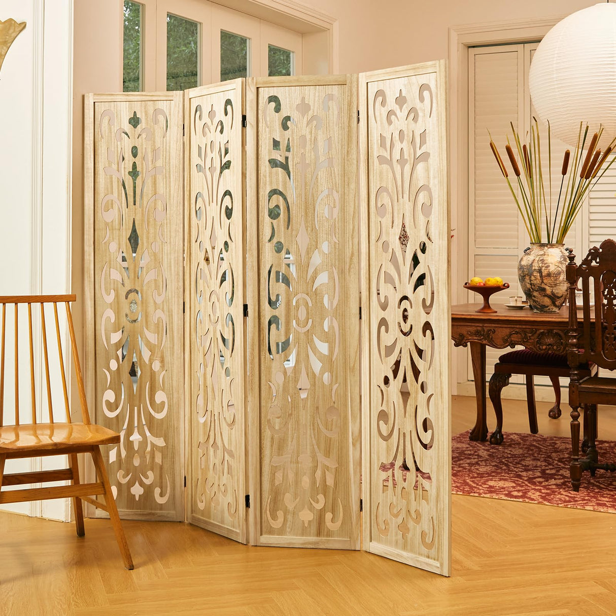 5.6Ft Room Divider Folding Wood Classical Carved Partition Screen for Home Office Garden - 4 Panels (Natural) Svimi