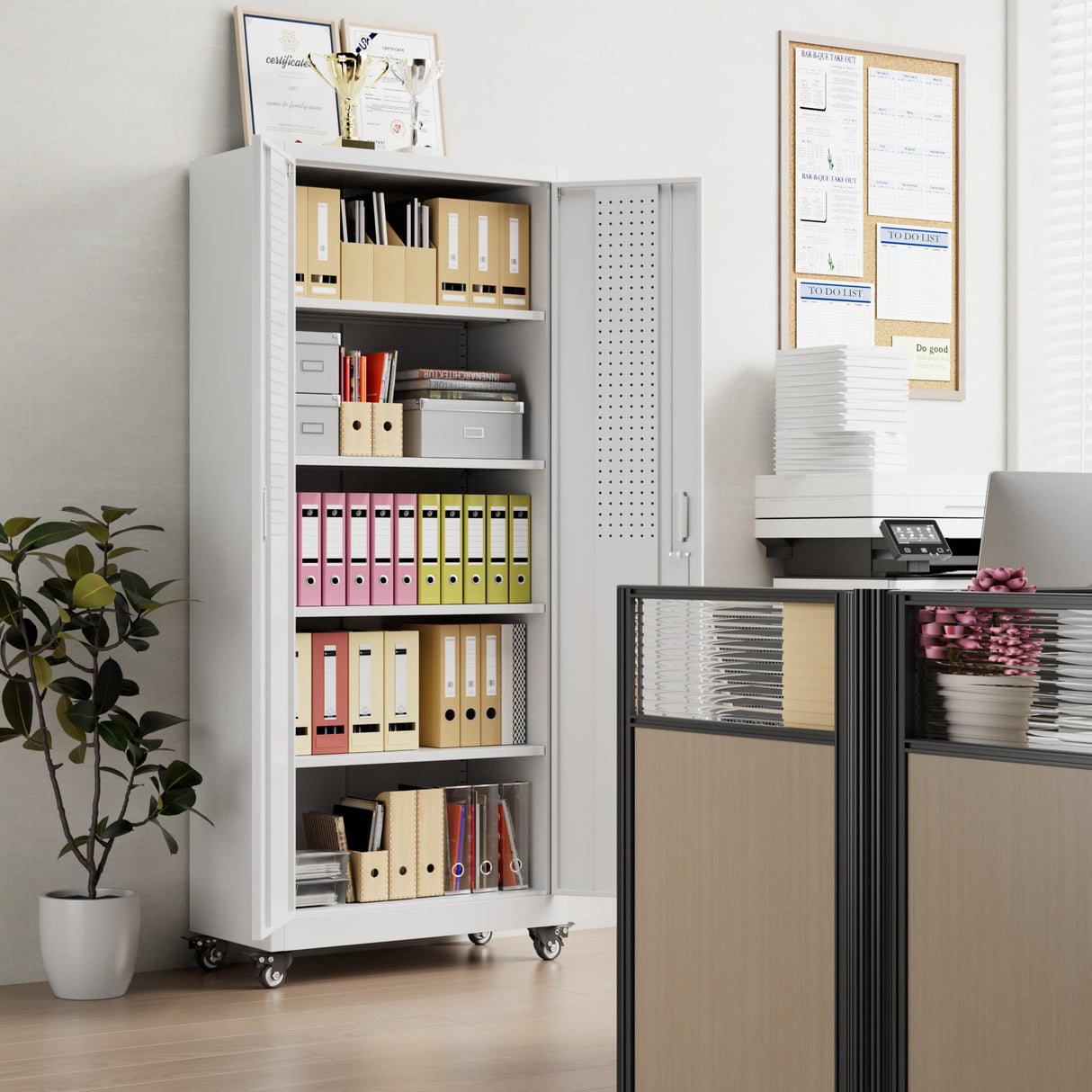 Aobabo 73" H Metal Storage Cabinet with Wheels for Garage, Locking Steel Storage Cabinet with 4 Shelves and Hooks, for Home Office, White, Assembly Required Aobabo