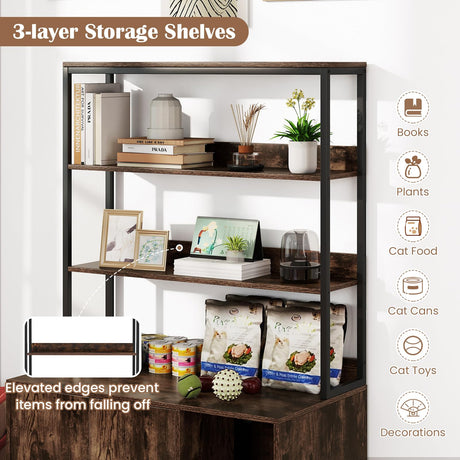 Tangkula Litter Box Enclosure with Shelves, Hidden Cat Washroom Cabinet with Storage, Winding Entry & Scratching Board, Versatile Litter Box Furniture (Rustic Brown) Tangkula