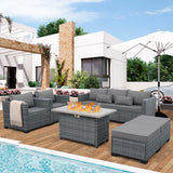 Lviden 6 Pieces Wicker Patio Furniture Sets Outdoor Conversation Set PE Rattan Sectional Sofa Couch with 45" Fire Pit Table and Grey Cushions Lviden