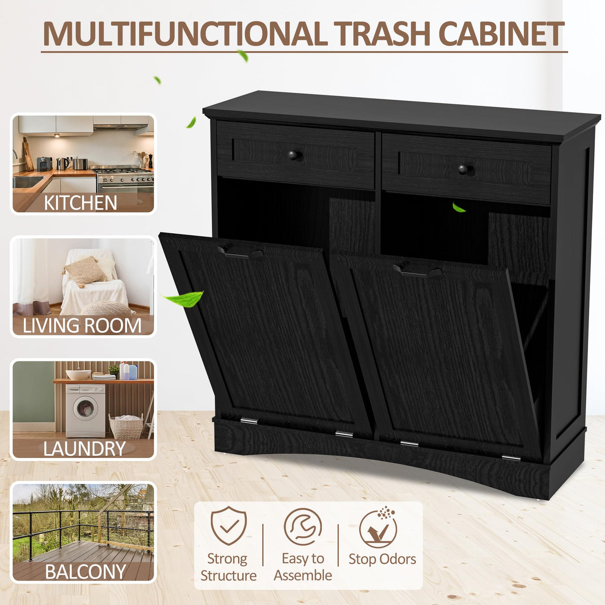 AHB Double Tilt Out Trash Cabinet Freestanding Kitchen Trash Cabinet, 2x13 Gallons Hidden Garbage Recycling Cabinet with Hideaway Drawers Pet Proof Trash Can for Kitchen Living Room, Dark Black AHB