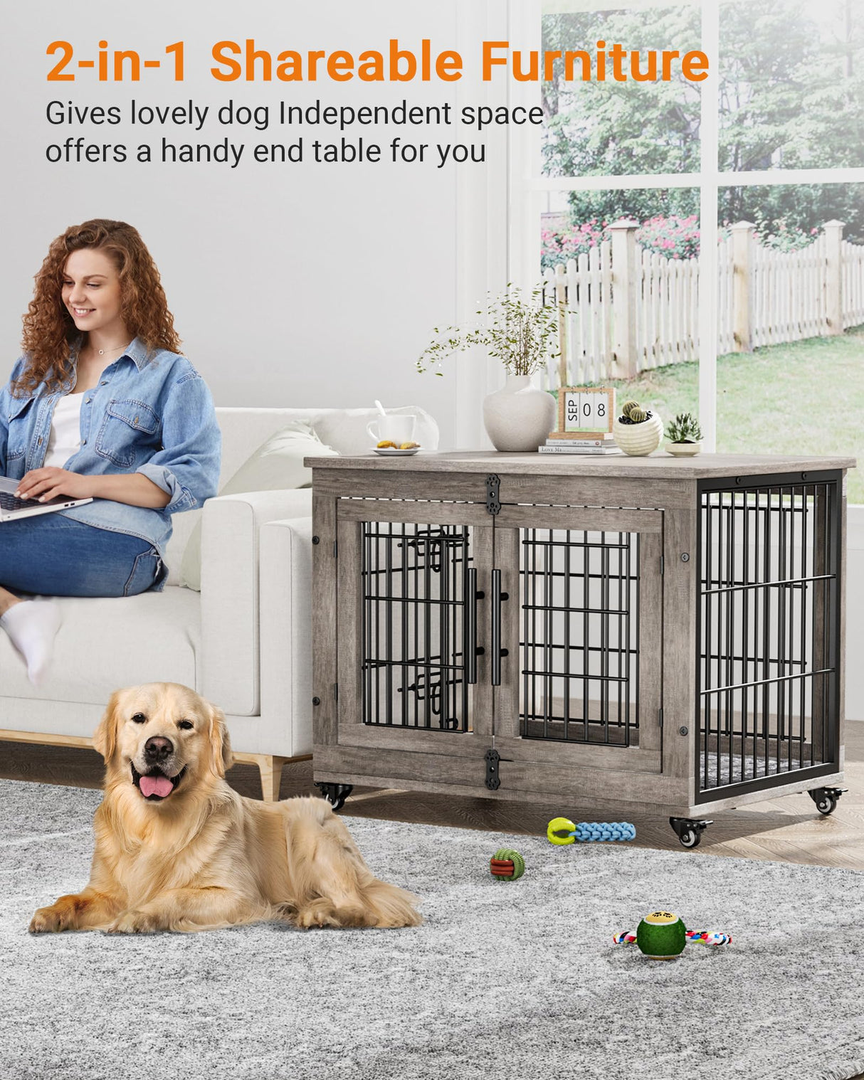 Lulive Dog Crate Furniture, Dog Kennel Indoor Double Doors Wooden Dog Cage, 33'' Heavy Duty Dog Crate with Cushion & Wheels, Decorative End Table Pet House Chew-Resistant for Medium/Small Dog, Grey Lulive