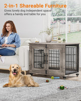 Lulive Dog Crate Furniture, Dog Kennel Indoor Double Doors Wooden Dog Cage, 33'' Heavy Duty Dog Crate with Cushion & Wheels, Decorative End Table Pet House Chew-Resistant for Medium/Small Dog, Grey Lulive