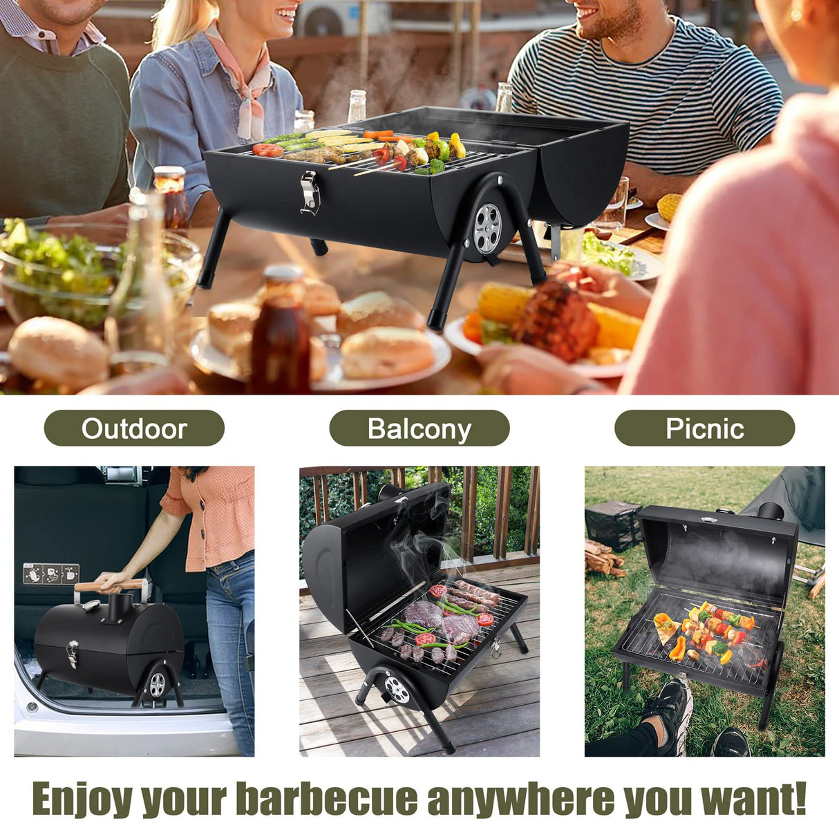 HaSteeL Portable Charcoal Grill, Small Folding Outdoor Grill, Mini Black Barbecue Grill with Thermometer, Compact Tabletop BBQ Grill for Camping Picnic Backyard Patio, 116 Square Inches & Screwdriver HaSteeL