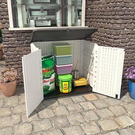 KINYING Outdoor Storage Shed - Horizontal Storage Box Waterproof for Garden, Patios, Backyards, Multi-Opening Door for Easy Storage of Bike, Garbage Cans, Tools, Lawn Mower, Off-White, 26 Cubic Feet KINYING