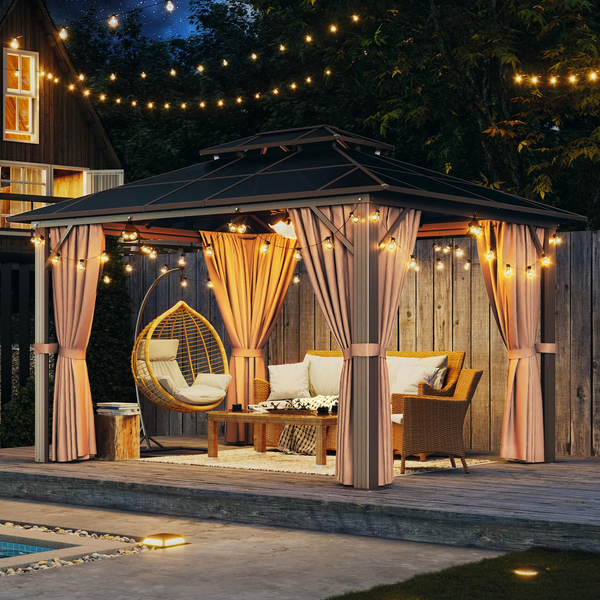 Aoxun 10'x12' Hardtop Gazebo, Aluminum Frame Permanent Pavilion with Curtains and Netting, Outdoor Polycarbonate Gazebo, Double Roof Canopy, for Gardens, Patios, Lawns Aoxun