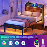 Furnulem Twin Bed Frame with LED Lights, Charging Station, and Under-Bed Storage in Rustic Brown Furnulem